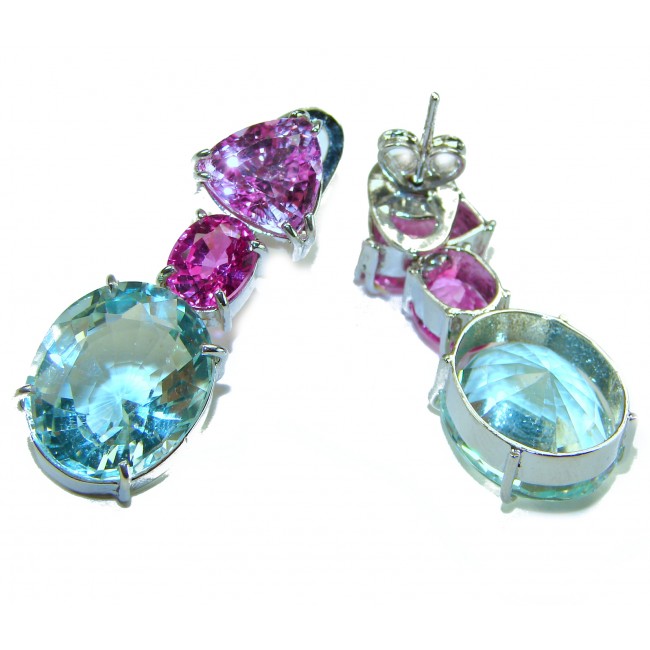 Outstanding Beauty authentic 25.2 carat Green Amethyst Pink Sapphire .925 Sterling Silver handcrafted earrings