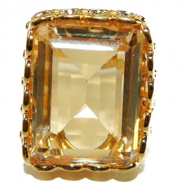 29.8 carat Genuine Lemon Quartz 14K Gold over .925 Sterling Silver handcrafted ring size 7 1/4 - Close-up of rectangular lemon quartz with gold setting.
