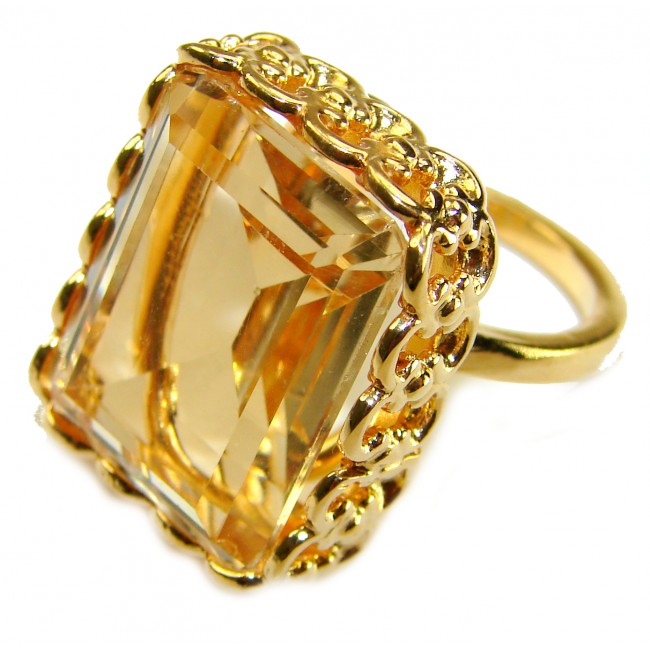 29.8 carat Genuine Lemon Quartz 14K Gold over .925 Sterling Silver handcrafted ring size 7 1/4 - Large lemon quartz ring, side view, 14K gold over sterling silver.