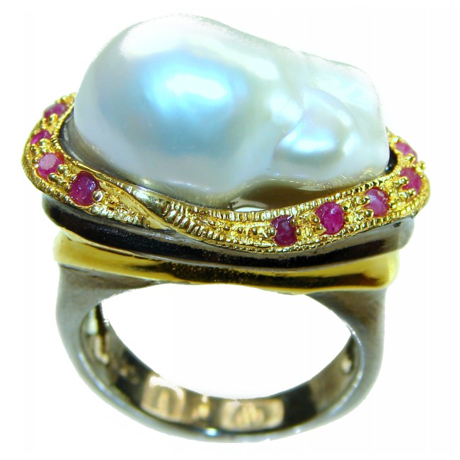 Huge Authentic rare Mother of Pearl Ruby 18K Gold over .925 Sterling Silver handcrafted ring; s. 7 - photo 2