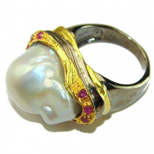 Huge Authentic rare Mother of Pearl Ruby 18K Gold over .925 Sterling Silver handcrafted ring; s. 7 - photo 1