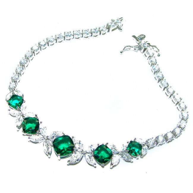 Gabriella 12.2 carat authentic Emerald rhodium over .925 Sterling Silver handcrafted Statement bracelet - Emerald necklace side view with diamond accents, rhodium over .925 silver