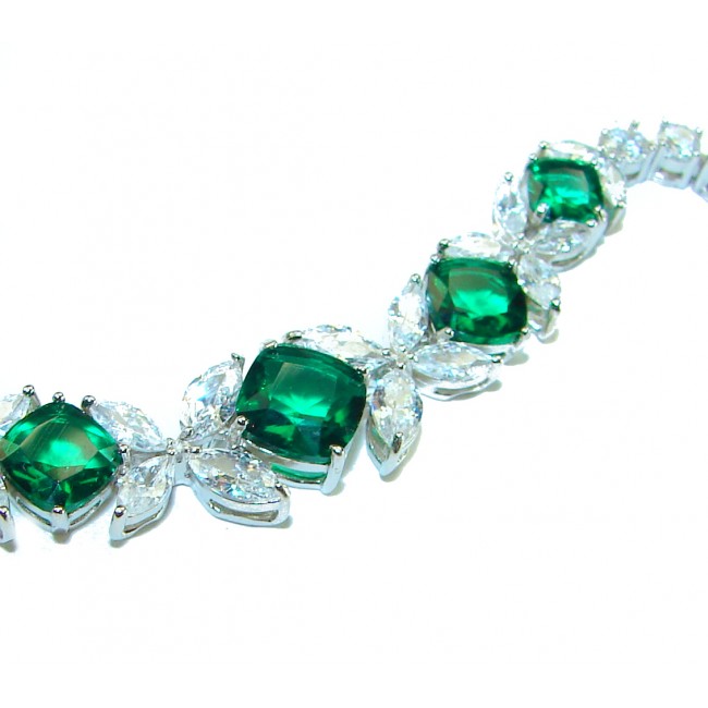 Gabriella 12.2 carat authentic Emerald rhodium over .925 Sterling Silver handcrafted Statement bracelet - Emerald bracelet stone close-up, Gabriella 12.2 carat, rhodium over silver.