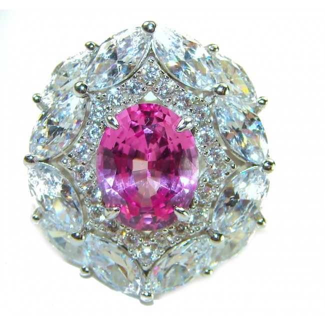 Blooming Beauty 12.8 carat oval cut Pink Sapphire .925 Silver handcrafted Cocktail Ring s. 7 - Close-up of oval pink sapphire ring with marquise diamonds.