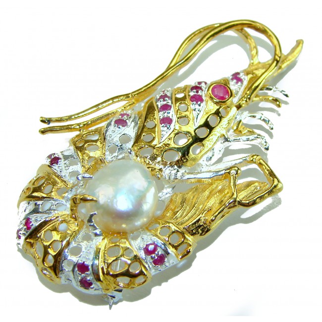 Precious Shrimp genuine Ruby 14k Gold over .925 Sterling Silver handmade Pendant - Brooch
