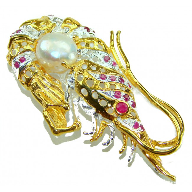Precious Shrimp genuine Ruby 14k Gold over .925 Sterling Silver handmade Pendant - Brooch