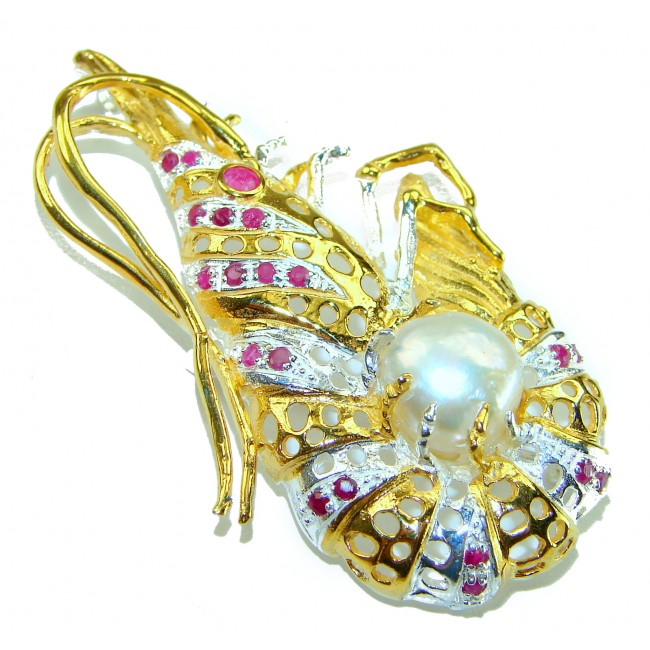 Precious Shrimp genuine Ruby 14k Gold over .925 Sterling Silver handmade Pendant - Brooch