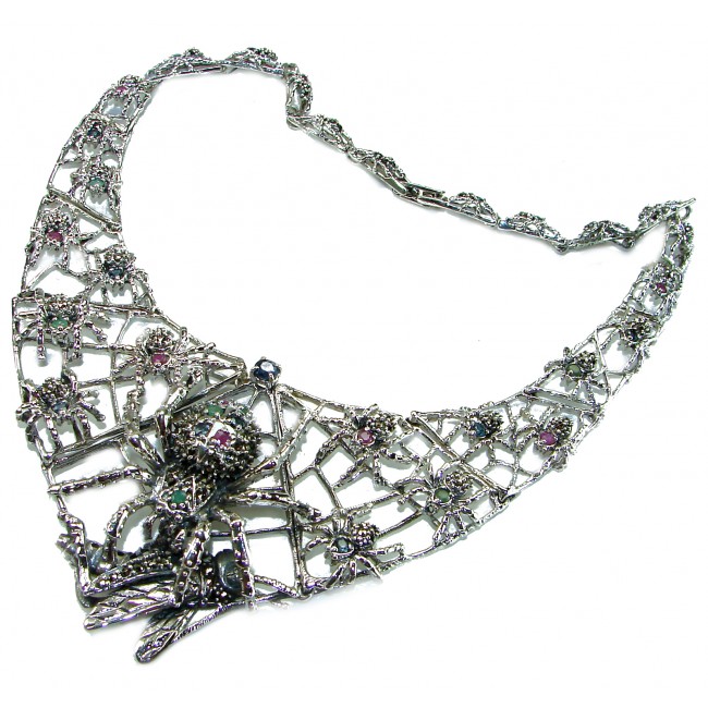 LARGE One of the kind Hunting Spiders Colombian Emerald Ruby Sapphire .925 Sterling Silver handmade necklace
