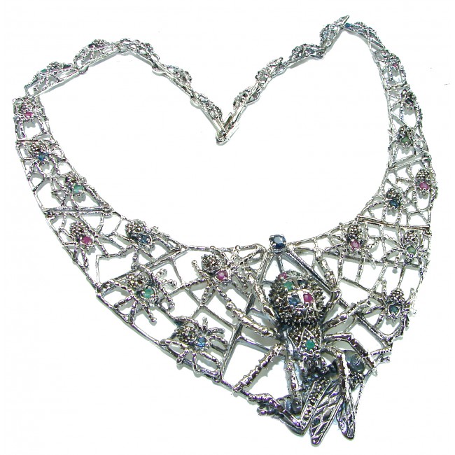 LARGE One of the kind Hunting Spiders Colombian Emerald Ruby Sapphire .925 Sterling Silver handmade necklace