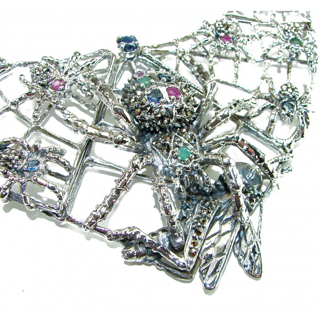 LARGE One of the kind Hunting Spiders Colombian Emerald Ruby Sapphire .925 Sterling Silver handmade necklace