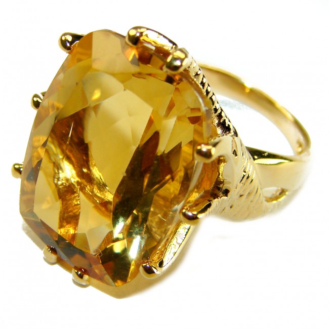 18.8 carat Genuine Lemon Quartz 14K Gold over .925 Sterling Silver handcrafted ring size 5 - Close-up of 18.8 carat lemon quartz ring in 14K gold over sterling silver.