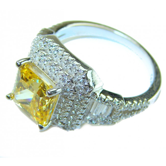 Splendid princess cut 6.2 carat yellow Sapphire .925 Sterling Silver brilliantly handcrafted ring s. 7 - Side view of yellow sapphire ring with diamond accents