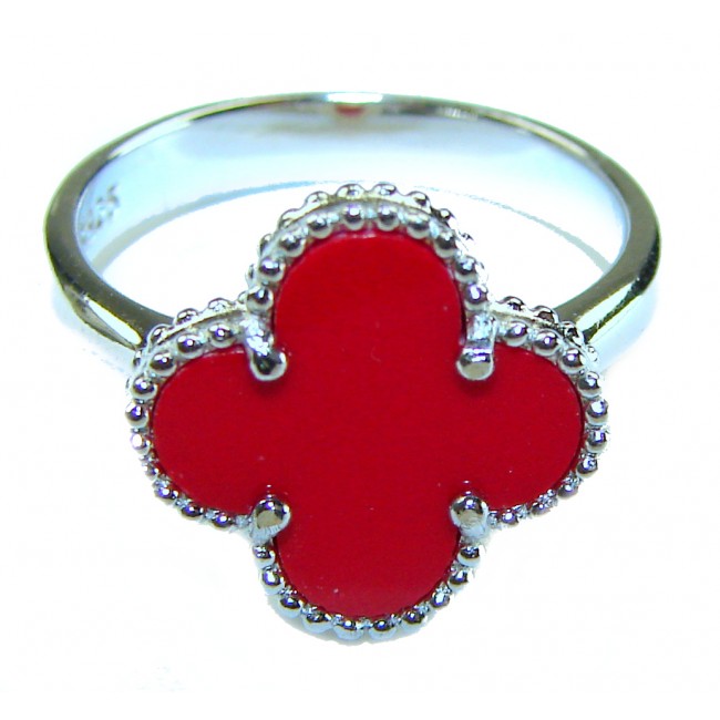A four-leaf clover Coral .925 Sterling Silver handcrafted ring s. 8