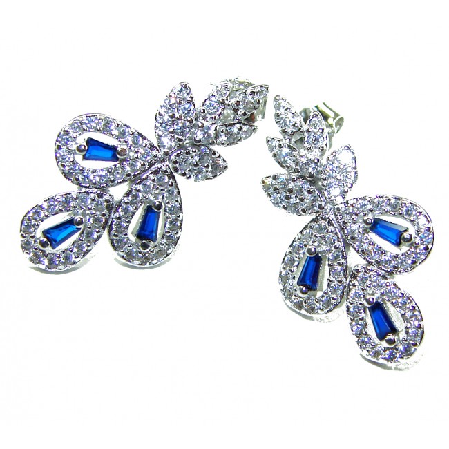 Art Deco - Luxurious natural 2.5 carat Sapphire .925 Sterling Silver Perfectly handcrafted earrings - Art Deco earrings with blue sapphires, front view.