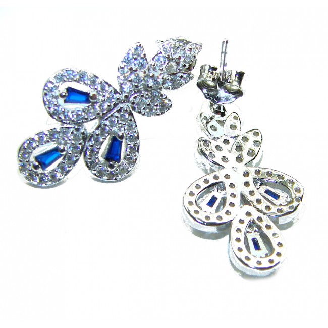 Art Deco - Luxurious natural 2.5 carat Sapphire .925 Sterling Silver Perfectly handcrafted earrings - Sapphire and diamond earrings, angled view showing front and back details.