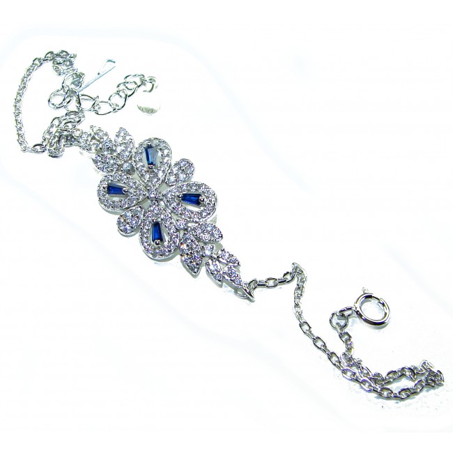 Art Deco - Precious genuine 4.9 carat Sapphire .925 Sterling Silver handcrafted Bracelet - Art Deco sapphire bracelet with clasp detail, top view.