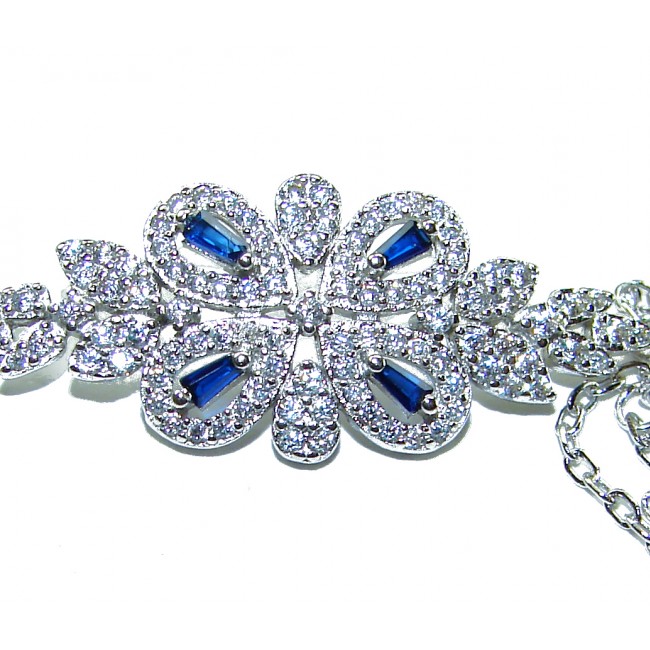 Art Deco - Precious genuine 4.9 carat Sapphire .925 Sterling Silver handcrafted Bracelet - Close-up of Art Deco sapphire and diamond bracelet detailing.
