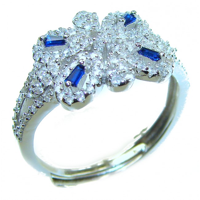 Art Deco 5.2 carat Sapphire White Topaz .925 Silver handcrafted Cocktail Ring s. 8 - Art Deco sapphire and white topaz ring side view on white background.