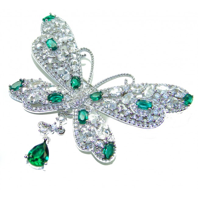 Vintage Design - Luxurious Butterfly - Genuine 22.2 carat Emerald 14k White Gold over .925 Sterling Silver handmade Pendant Brooch - photo 3