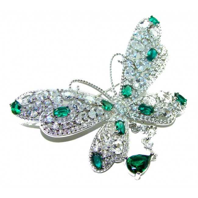 Vintage Design - Luxurious Butterfly - Genuine 22.2 carat Emerald 14k White Gold over .925 Sterling Silver handmade Pendant Brooch - photo 2