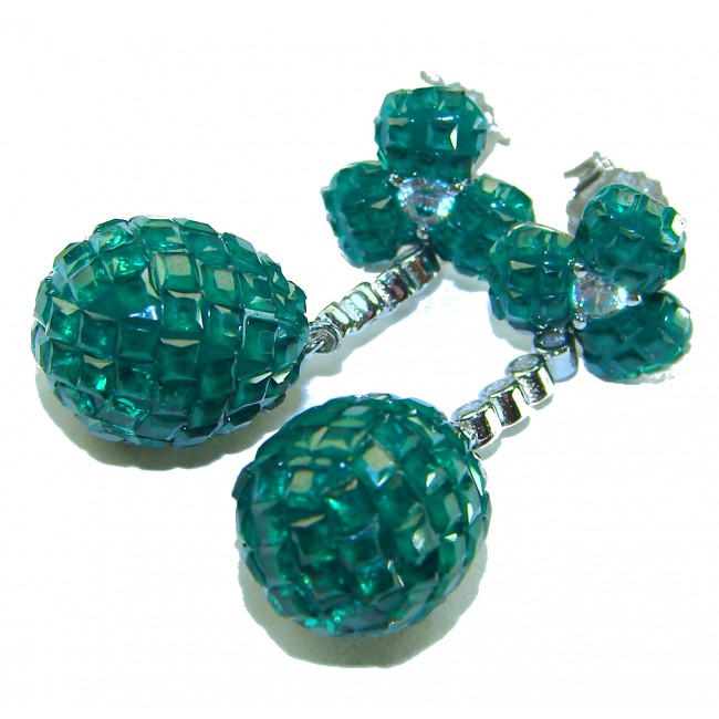 Giovanna - Authentic 21.9 carat Emerlad .925 Sterling Silver handcrafted earrings - Emerald earrings close-up, detailed stone texture, silver accents