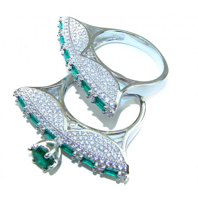 Extravaganza Large 10.6 carat Emerald .925 Sterling Silver brilliantly handcrafted stack up ring s. 7 1/2 - Side view of emerald and diamond sterling silver rings.