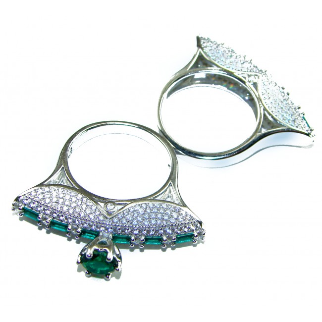 Extravaganza Large 10.6 carat Emerald .925 Sterling Silver brilliantly handcrafted stack up ring s. 7 1/2 - Two emerald rings with detailed stone settings, top view.