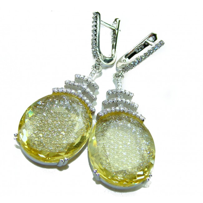 Costa del Sol 22.8 carat Lemon Quartz rhodium over .925 Sterling Silver handcrafted Statement Earrings - Close-up of Costa del Sol lemon quartz earrings with diamond accents.
