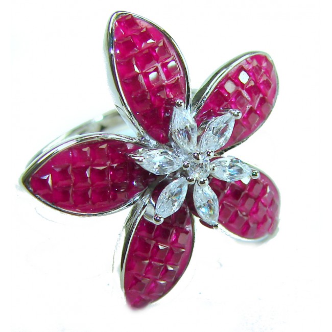 Luxurious Flower 12.5 carat natural Ruby .925 Sterling Silver handcrafted Ring size 7