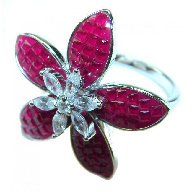 Luxurious Flower 12.5 carat natural Ruby .925 Sterling Silver handcrafted Ring size 7