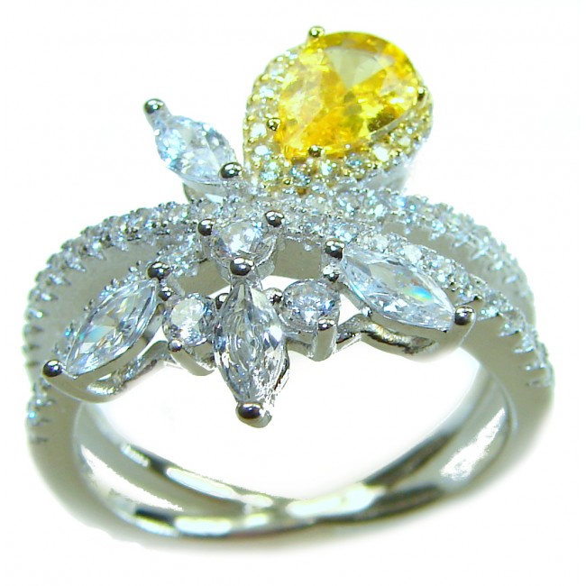 Splendid pear cut 3.2 carat yellow Sapphire .925 Sterling Silver brilliantly handcrafted ring s. 8 - Close-up of a yellow sapphire ring with marquise and round stones.