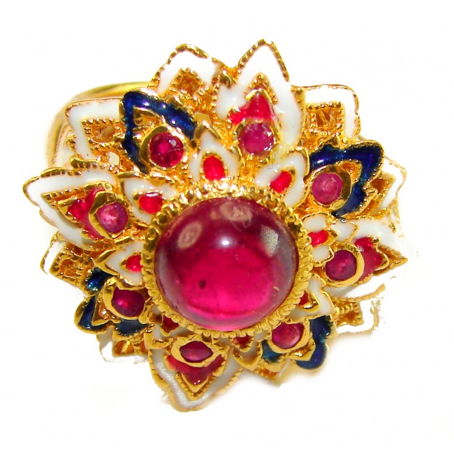 Divine Creation 5.5 carat Mozambique Star Ruby Enamel 18K Gold over .925 Sterling Silver handcrafted Ring s. 7 - Front view of Mozambique Star Ruby ring with intricate enamel design.
