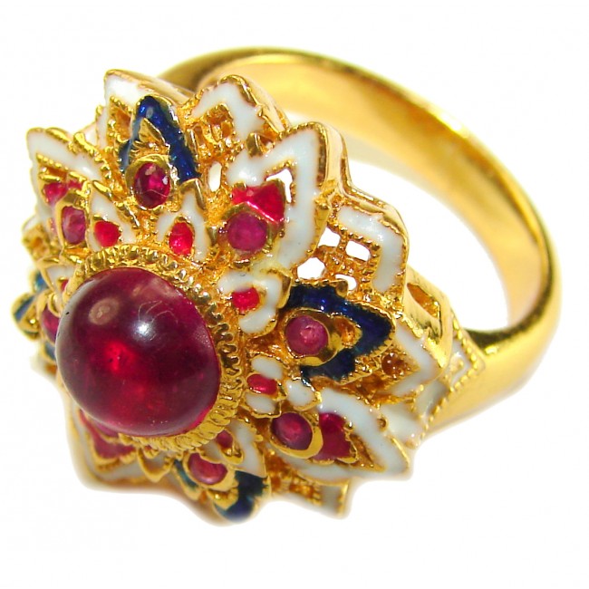 Divine Creation 5.5 carat Mozambique Star Ruby Enamel 18K Gold over .925 Sterling Silver handcrafted Ring s. 7 - Close-up of ornate gold ring with ruby and enamel detailing.