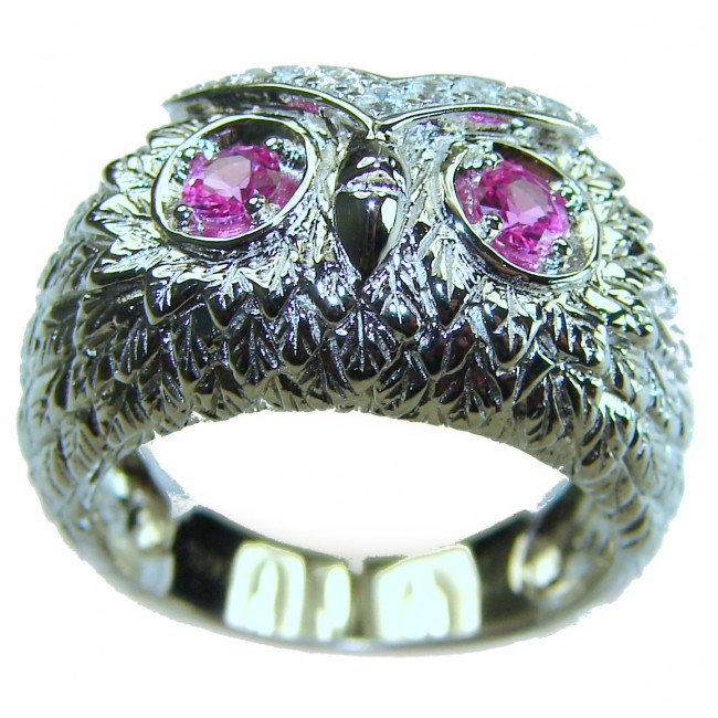 Owl 2.1 carat Pink Tourmaline Eyes .925 Sterling Silver dipped in real Gold handmade Ring size 7 1/4
