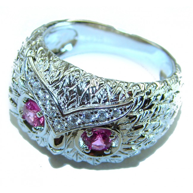 Owl 2.1 carat Pink Tourmaline Eyes .925 Sterling Silver dipped in real Gold handmade Ring size 7 1/4