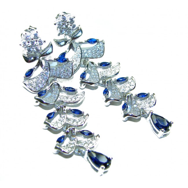 Classy Beauty 10.2 carat Sapphire .925 Sterling Silver handcrafted incredible earrings - Elegant sapphire and silver earrings, front view showing detail.