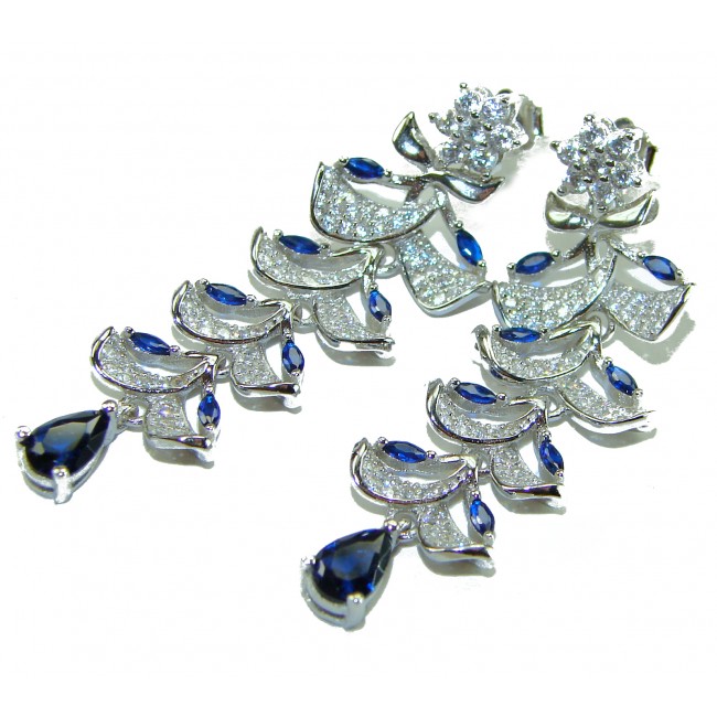 Classy Beauty 10.2 carat Sapphire .925 Sterling Silver handcrafted incredible earrings - Elegant earrings with sapphires and diamonds, top-down view.