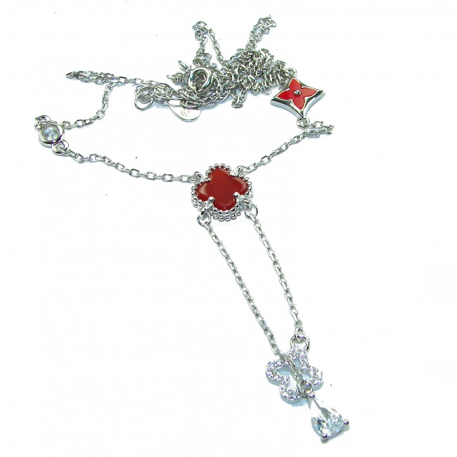 Outstanding 20 inches long Carnelian Lucky Four Leaf Clover .925 Sterling Silver necklace