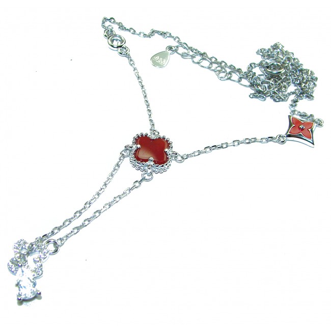 Outstanding 20 inches long Carnelian Lucky Four Leaf Clover .925 Sterling Silver necklace
