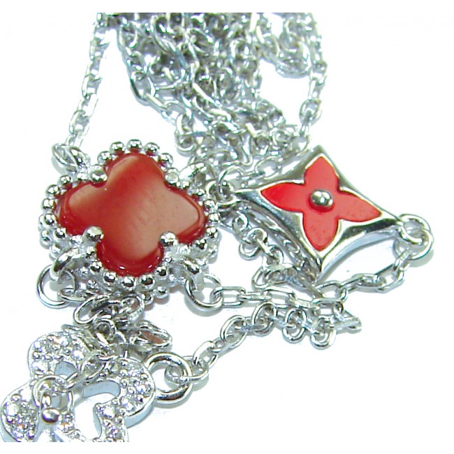 Outstanding 20 inches long Carnelian Lucky Four Leaf Clover .925 Sterling Silver necklace