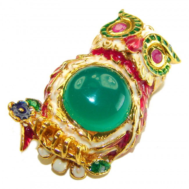 Wisdom and Unseen World - Owl- Genuine 10.5 carat Jade enamel .925 Sterling Silver dipped in 18k Gold handmade Pendant - Brooch - Owl brooch close-up with 10.5 carat jade and colorful enamel.