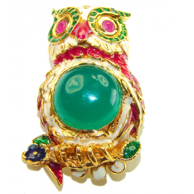 Wisdom and Unseen World - Owl- Genuine 10.5 carat Jade enamel .925 Sterling Silver dipped in 18k Gold handmade Pendant - Brooch - Owl jewelry with jade stone, front view, colorful enamel detailing.