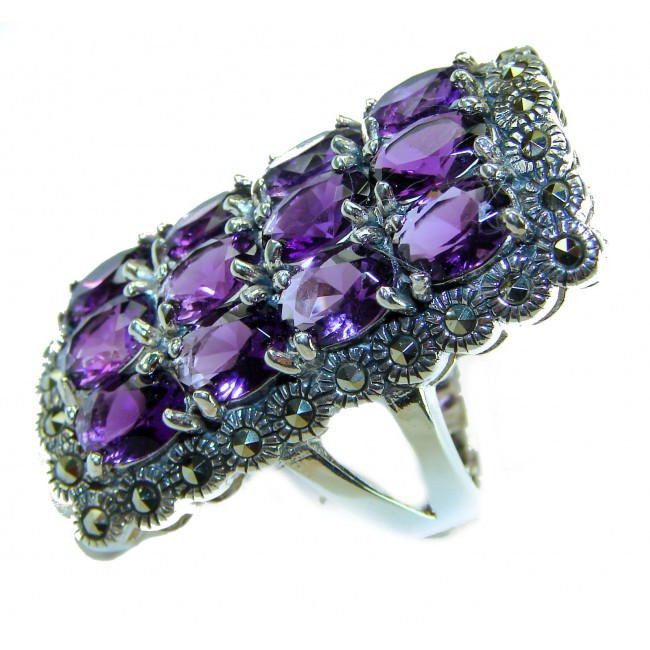 Large 22.5 carat Purple Amethyst .925 Sterling Silver Handcrafted Large Ring size 7 - Close-up of large amethyst and silver ring with intricate detailing.