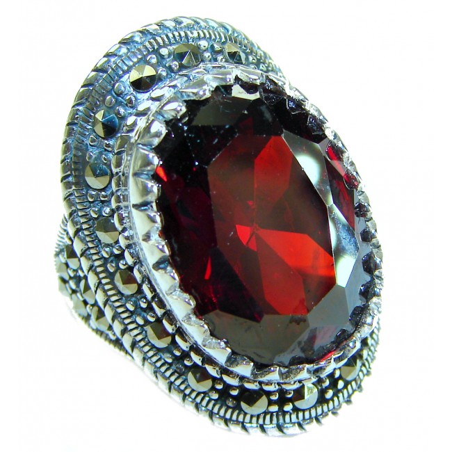Crimson Fire Natural 29.4 carat Garnet Marcasite .925 Sterling Silver handmade Large Statement Ring size 7