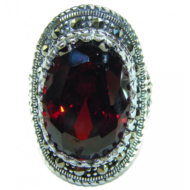 Crimson Fire Natural 29.4 carat Garnet Marcasite .925 Sterling Silver handmade Large Statement Ring size 7