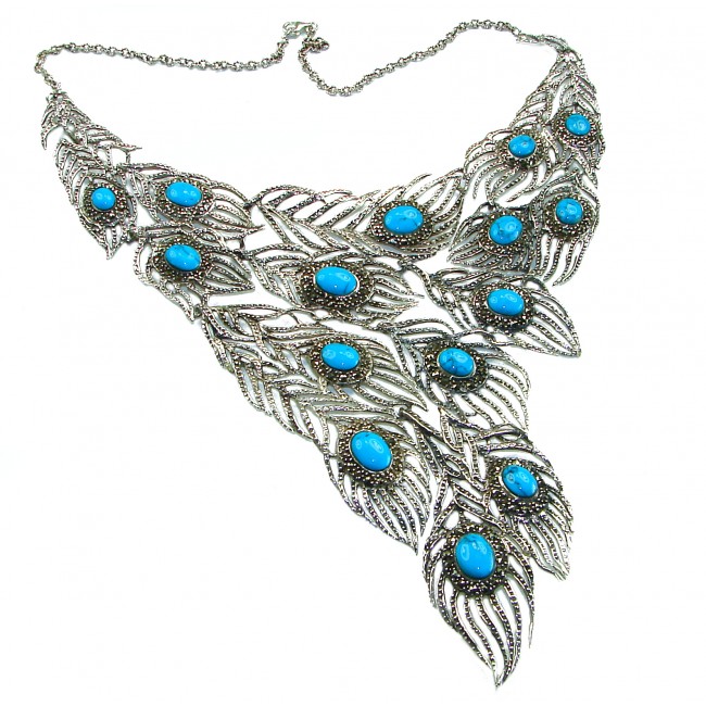 HUGE 104.7 grams Peacock Feather design genuine Turquoise .925 Sterling Silver handcrafted Necklace