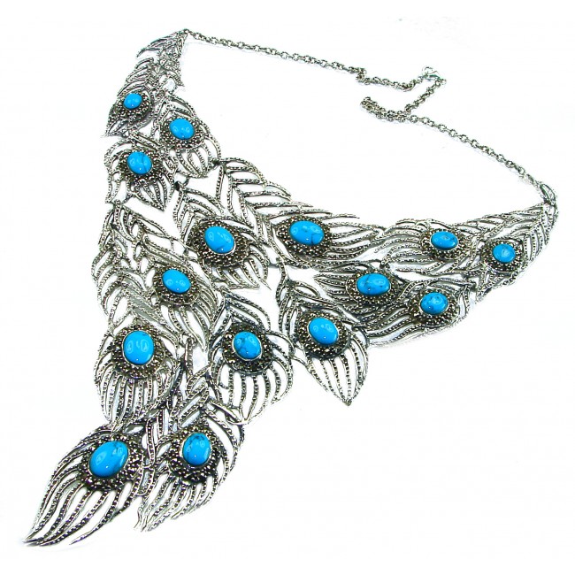 HUGE 104.7 grams Peacock Feather design genuine Turquoise .925 Sterling Silver handcrafted Necklace