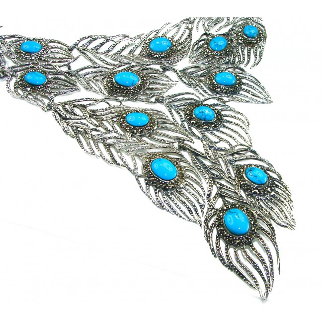 HUGE 104.7 grams Peacock Feather design genuine Turquoise .925 Sterling Silver handcrafted Necklace