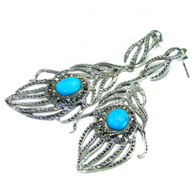 Great Peacocks Feathers authentic inlay Turquoise .925 Sterling Silver handcrafted Earrings