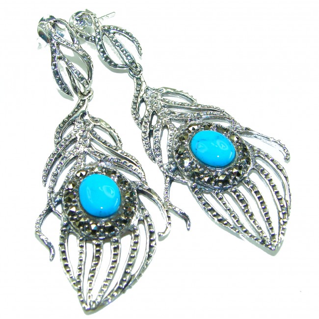 Great Peacocks Feathers authentic inlay Turquoise .925 Sterling Silver handcrafted Earrings
